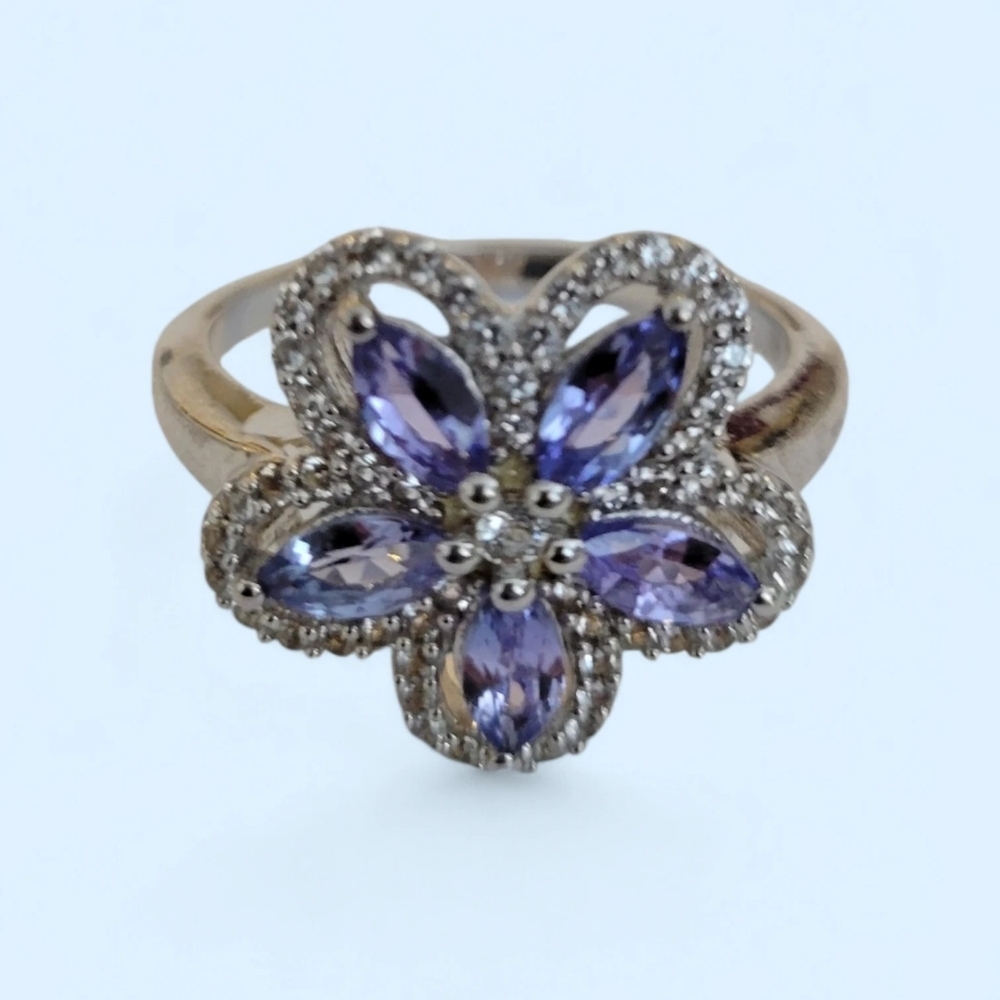 Tanzanite & Sapphire 5 Prong Set Marquise Cut Natural Tansanites SS Band